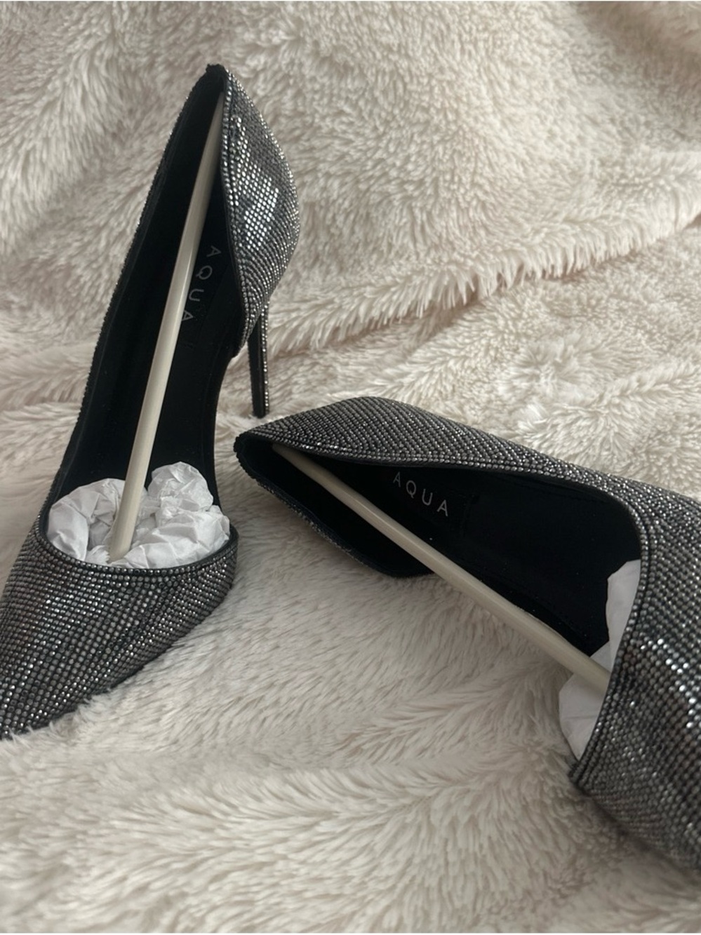 Aqua Silver Rhinestone Pointed-Toe Stiletto Pumps